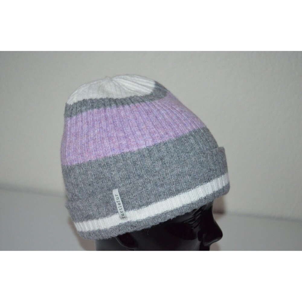 Turtlefur Beanie Unisex OS Gray Purple White Striped Ribbed Knit Winter Hat